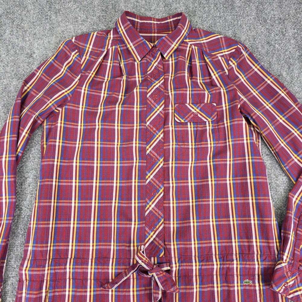 Lacoste Dress Womens 40 Red Plaid Shirt Dress Roll Tab Sleeve Cotton Pockets - Picture 12 of 16
